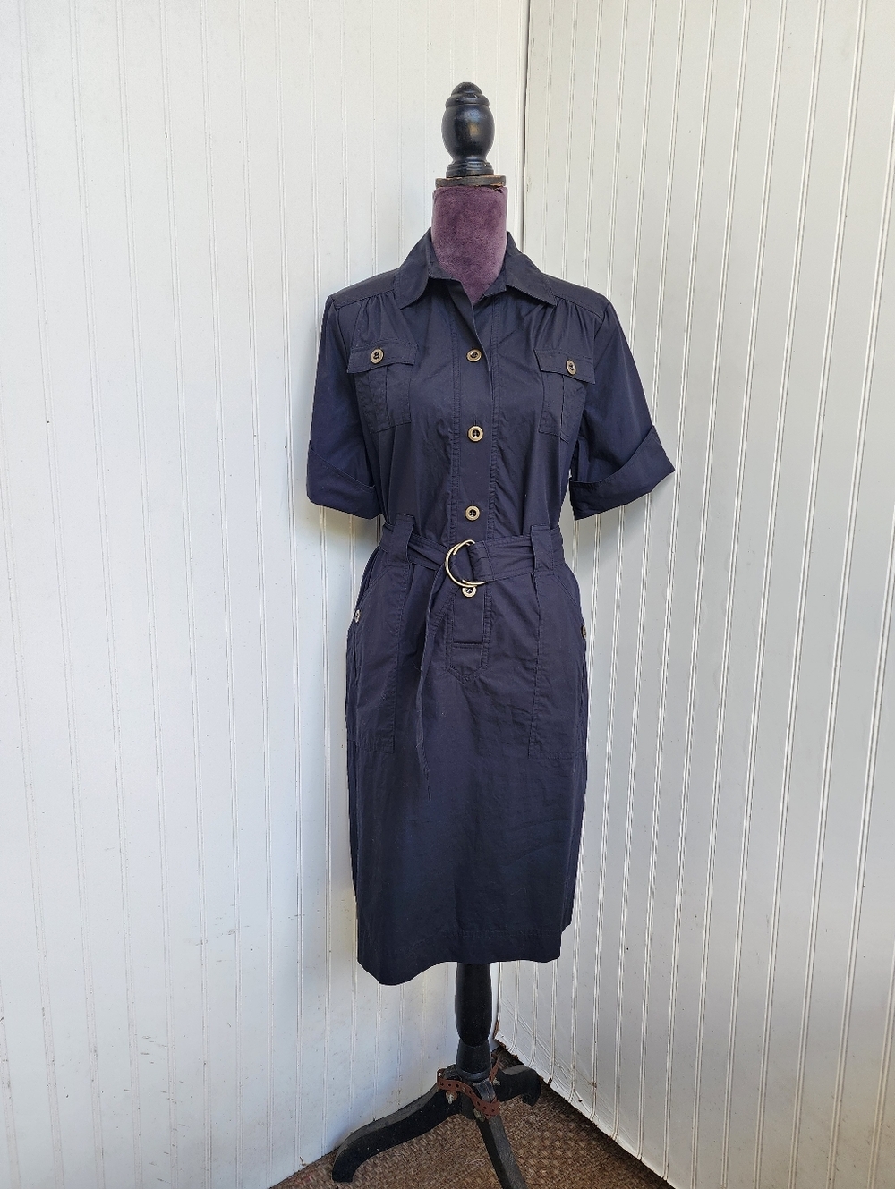 AGB Womens Shirt Dress Black Lightweight Button Front Short Dress Belt Sz L